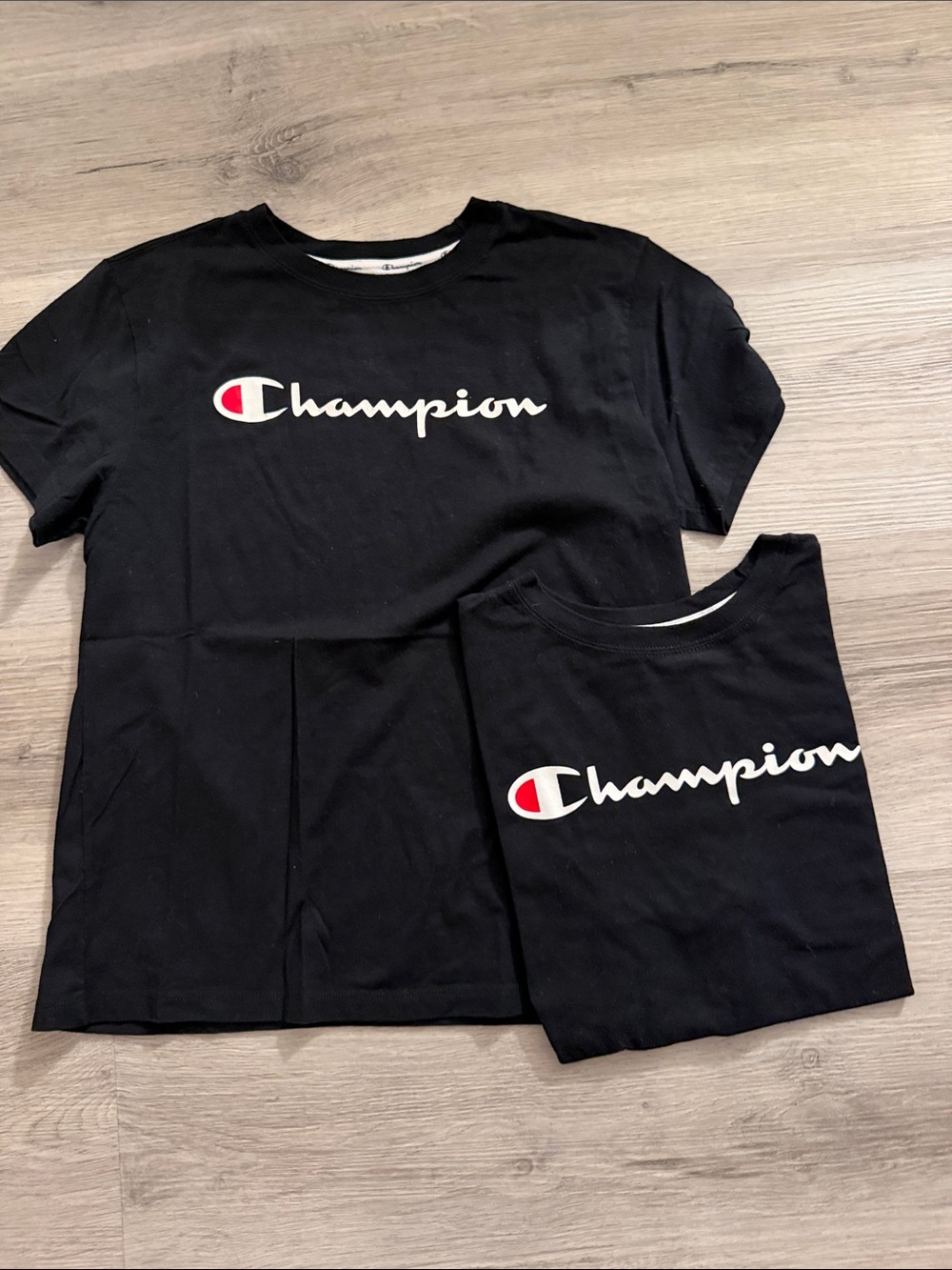 2 Champion Black Tee with White Script and Red Logo